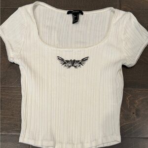 Forever 21 Cream Ribbed Tee with Black Embroidery